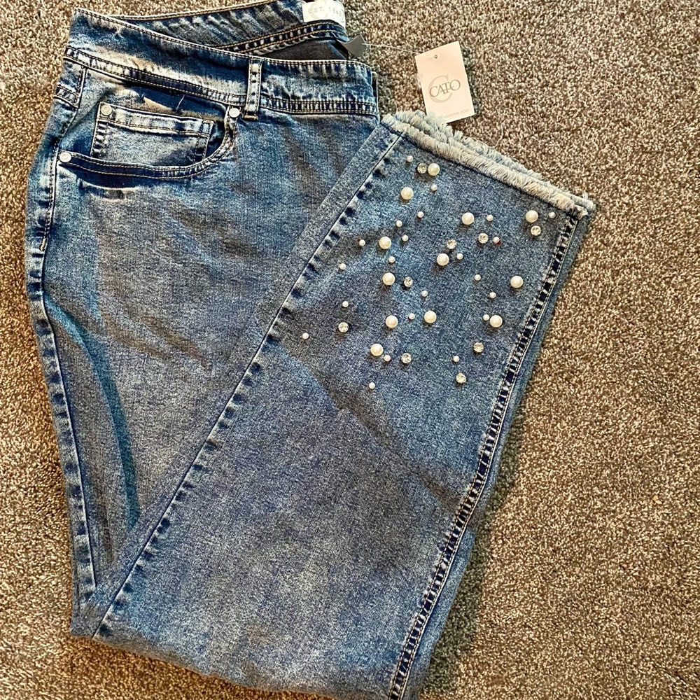 Cato Light Blue Pearl Embellished Ankle Jeans